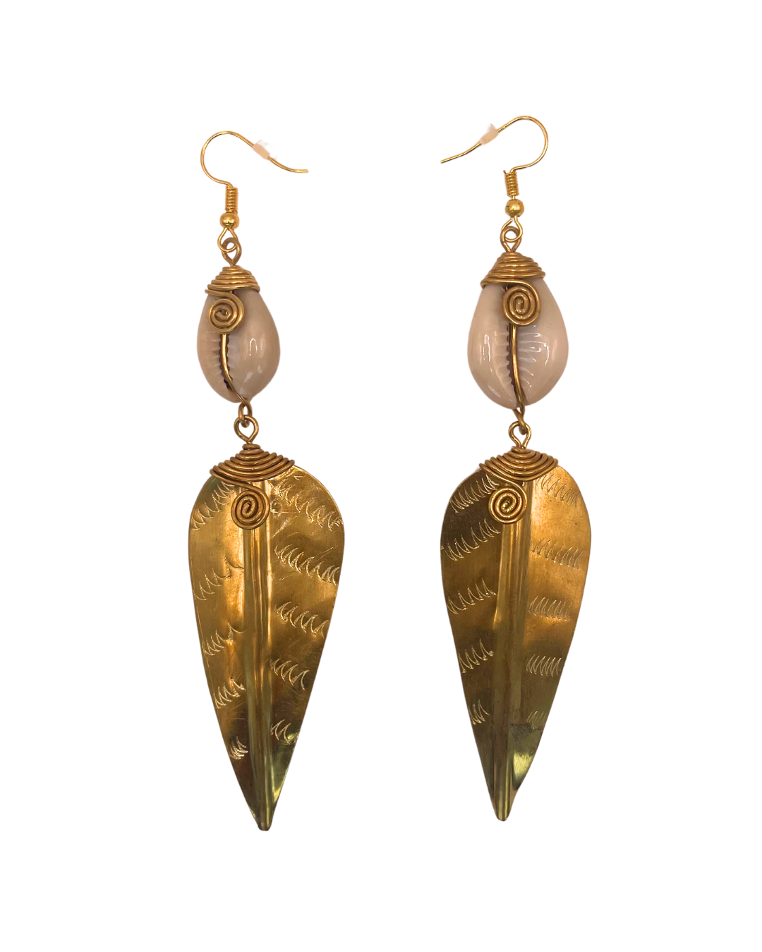 Brass Leaf Cowrie Shell Earring