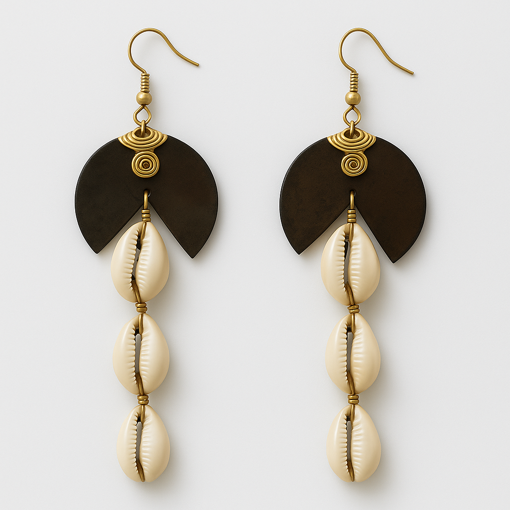 Brass 3 link cowrie black/white bone earring