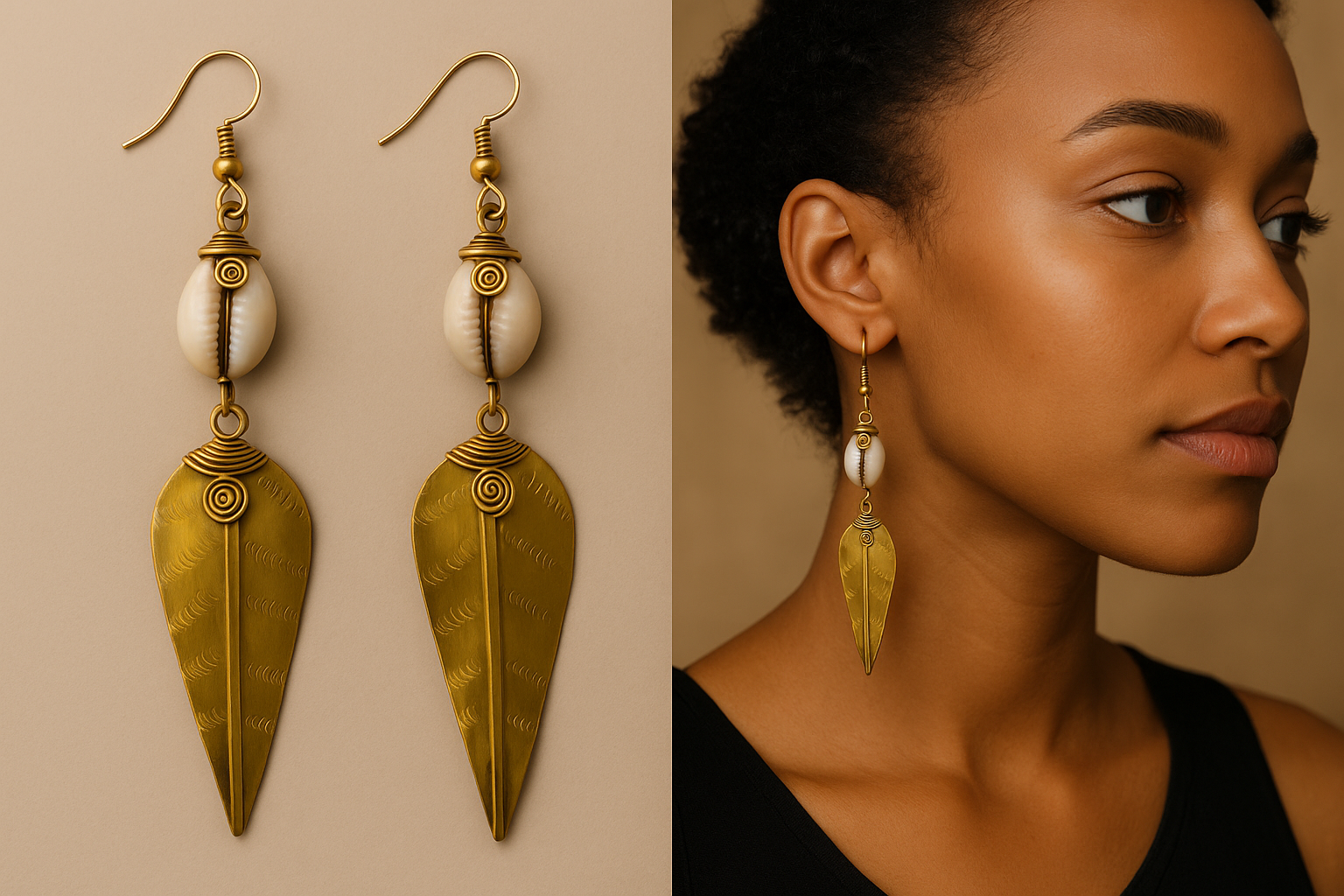 Brass leaf cowrie earring