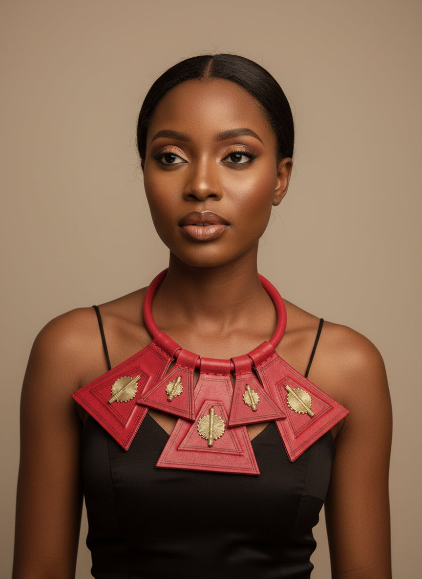Burkinabè Five piece leather & brass pendant necklace