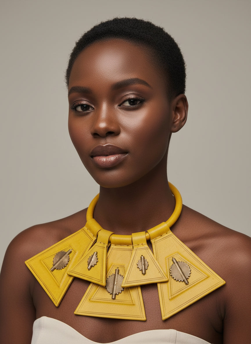 Burkinabè Five piece leather & brass pendant necklace