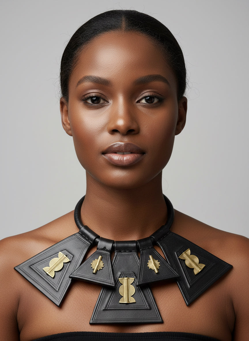 Burkinabè Five piece leather & brass pendant necklace