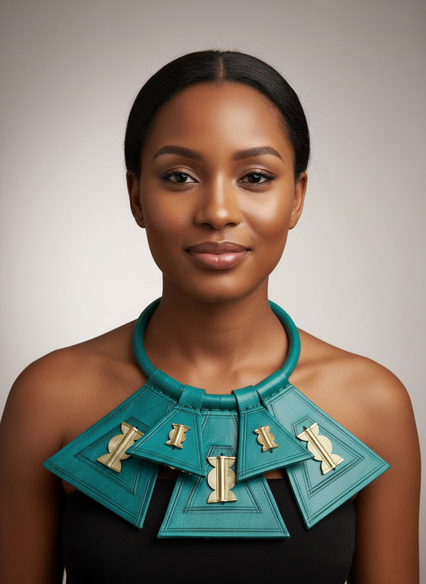 Burkinabè Five piece leather & brass pendant necklace