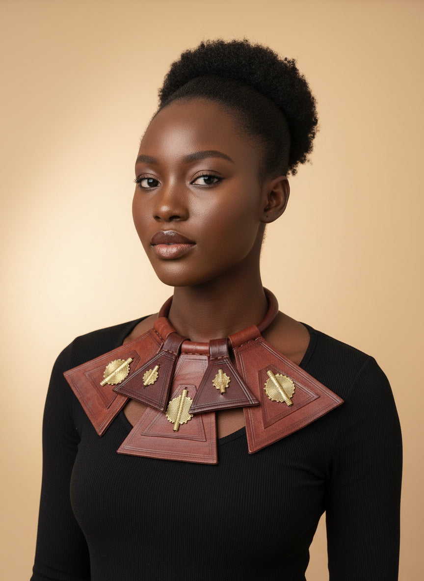 Burkinabè Five piece leather & brass pendant necklace