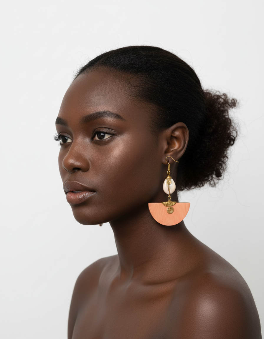 Semi-Circle Wood Cowrie Shell Earring