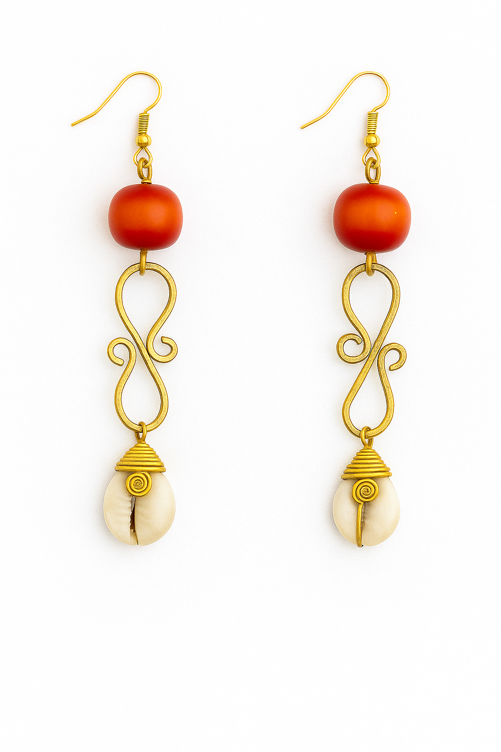 Brass cowrie amber earring