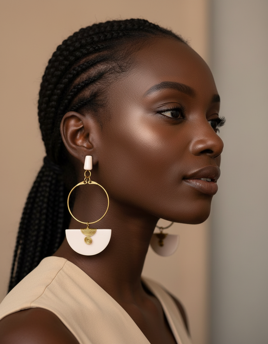 Half Moon Bone/Brass Earring