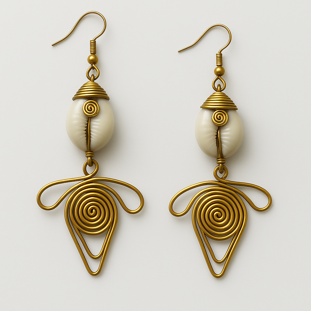 Brass spiral cowrie earring