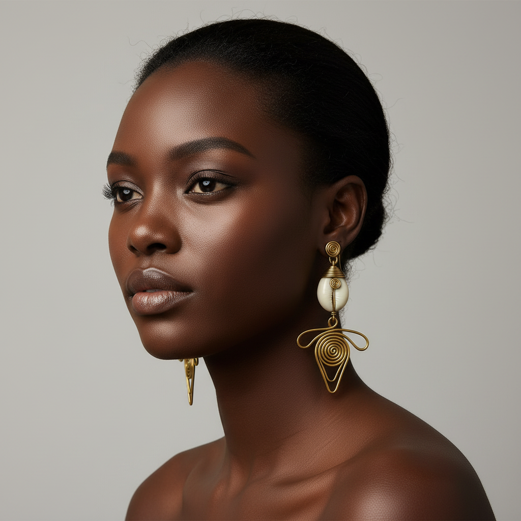 Brass spiral cowrie earring