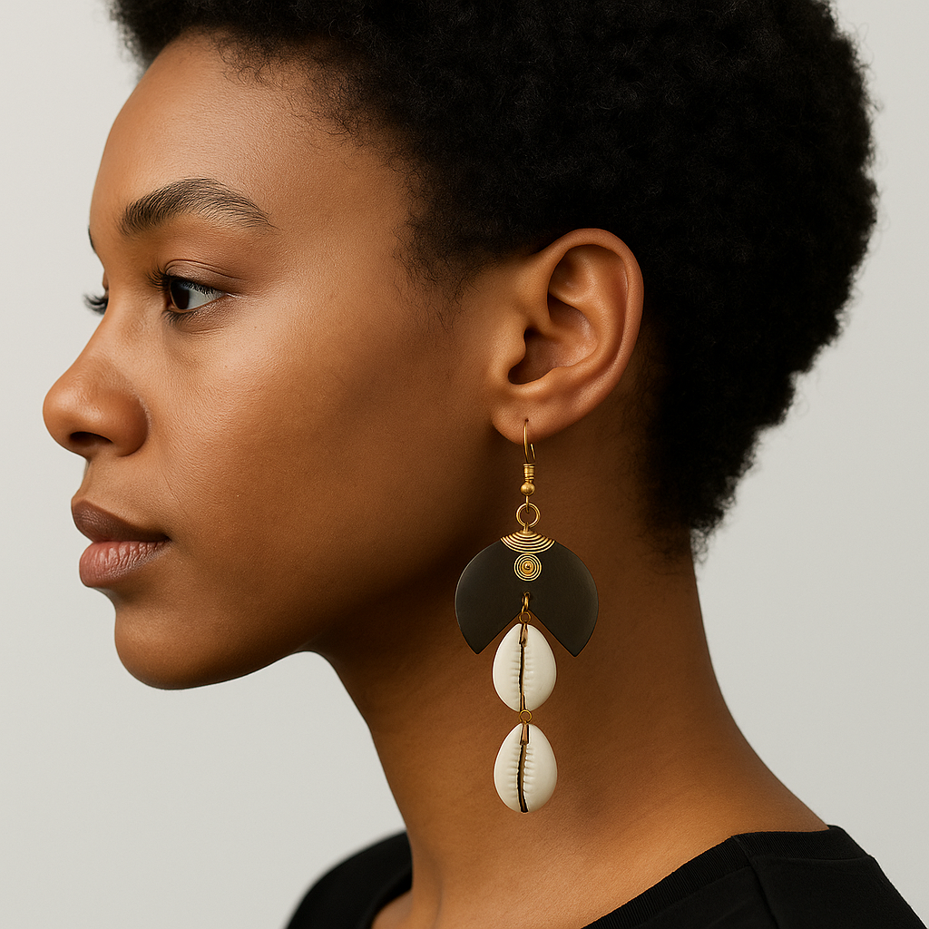 Brass 2 link cowrie black/white bone earring