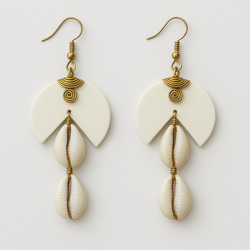 Brass 2 link cowrie black/white bone earring