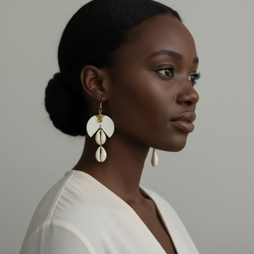 Brass 2 link cowrie black/white bone earring