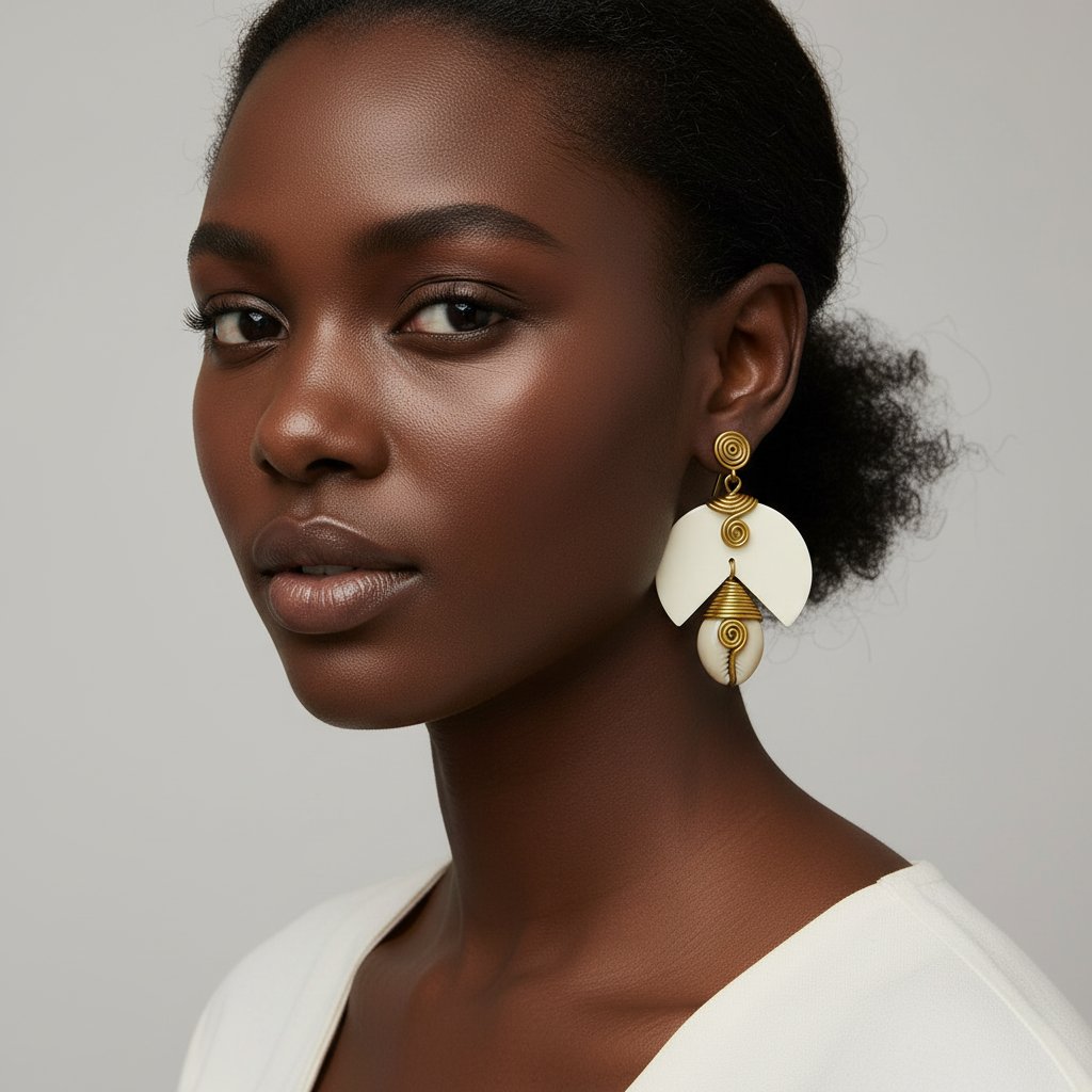 Brass 1 link cowrie bone white/black earring