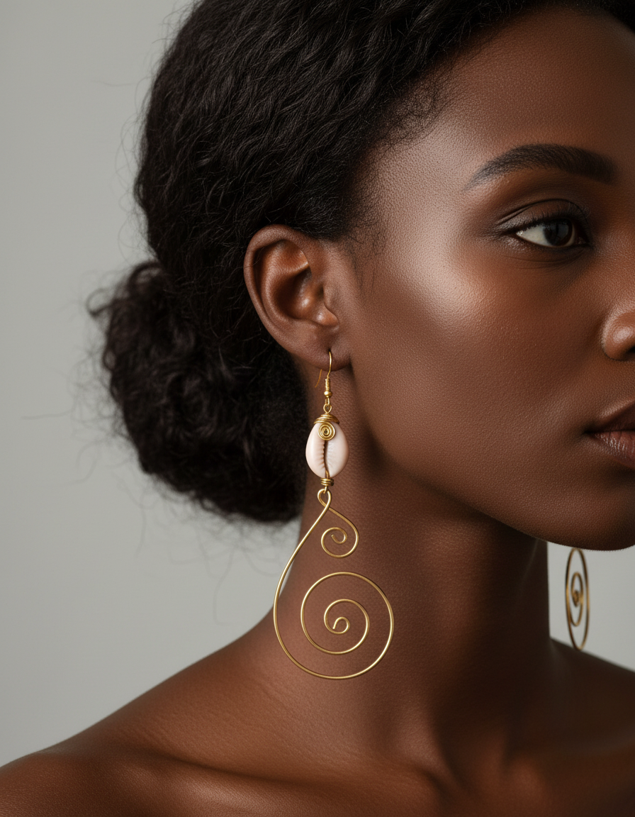 Brass Spiral Cowrie Shell Long Earring