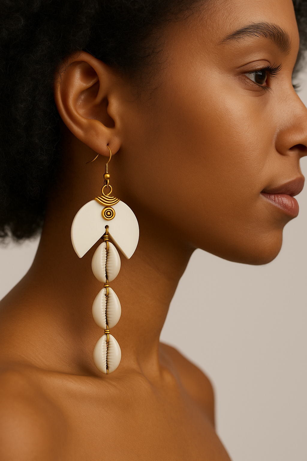 Brass 3 link cowrie black/white bone earring