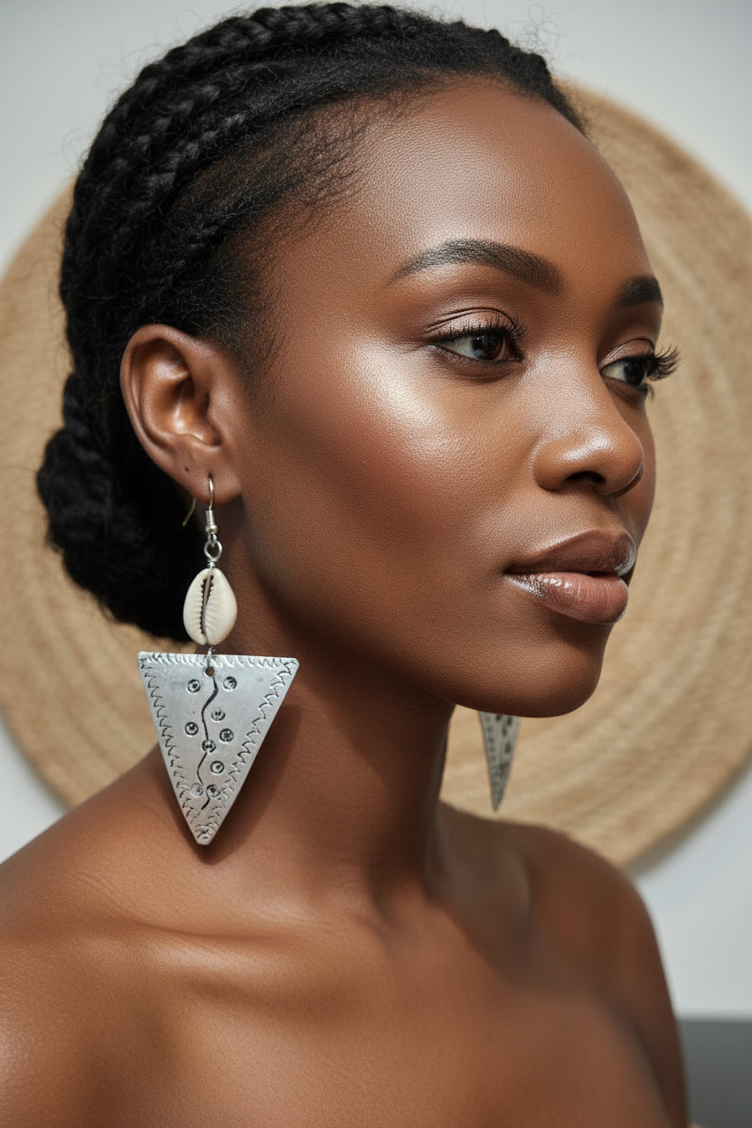 Recycled aluminum triangle & cowrie earrings