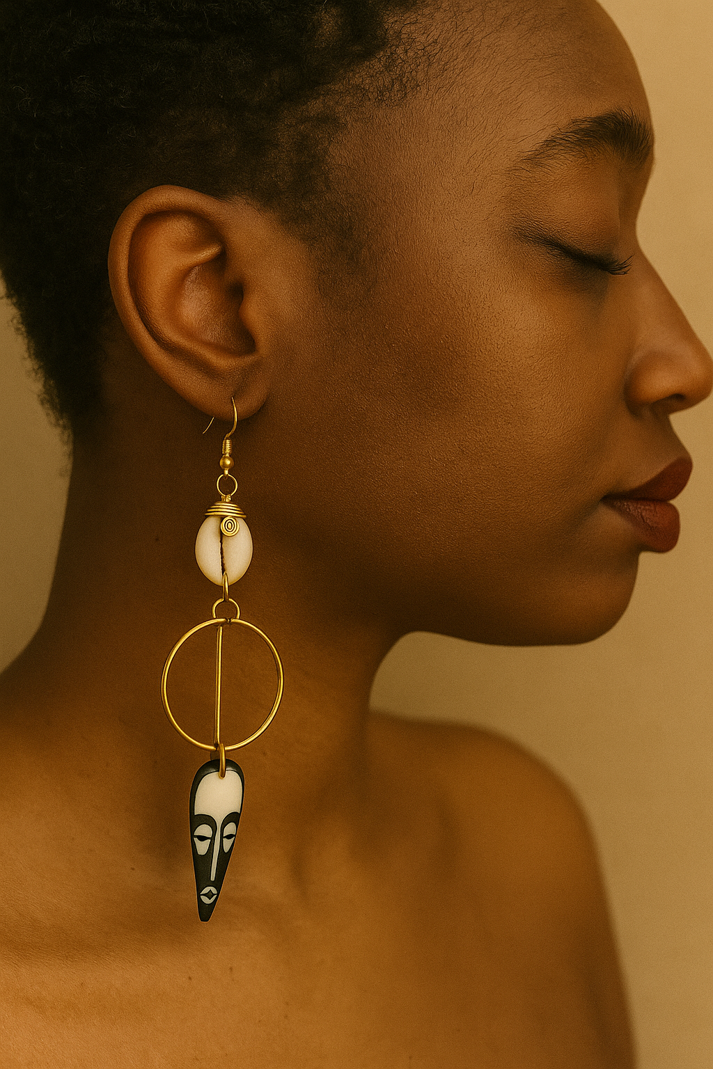 Brass cowrie bone mask earring