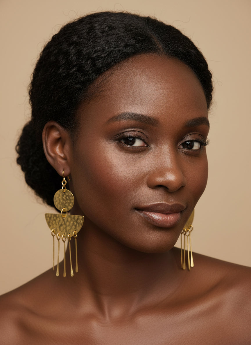 Brass half moon and circle earrings