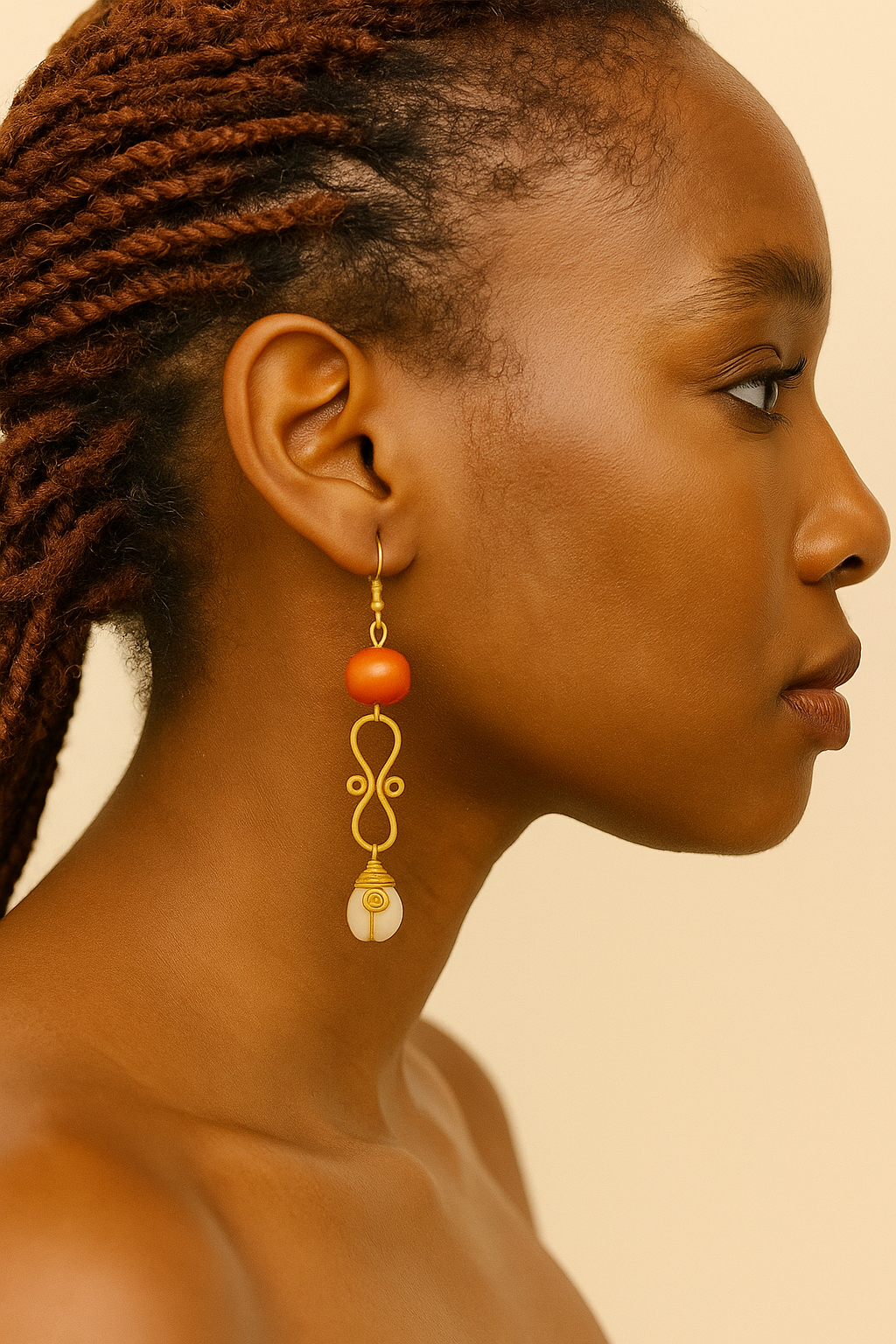 Brass cowrie amber earring