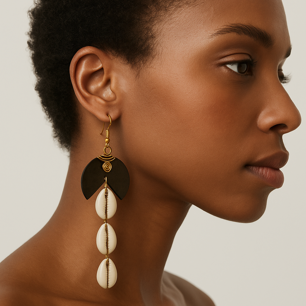 Brass 3 link cowrie black/white bone earring