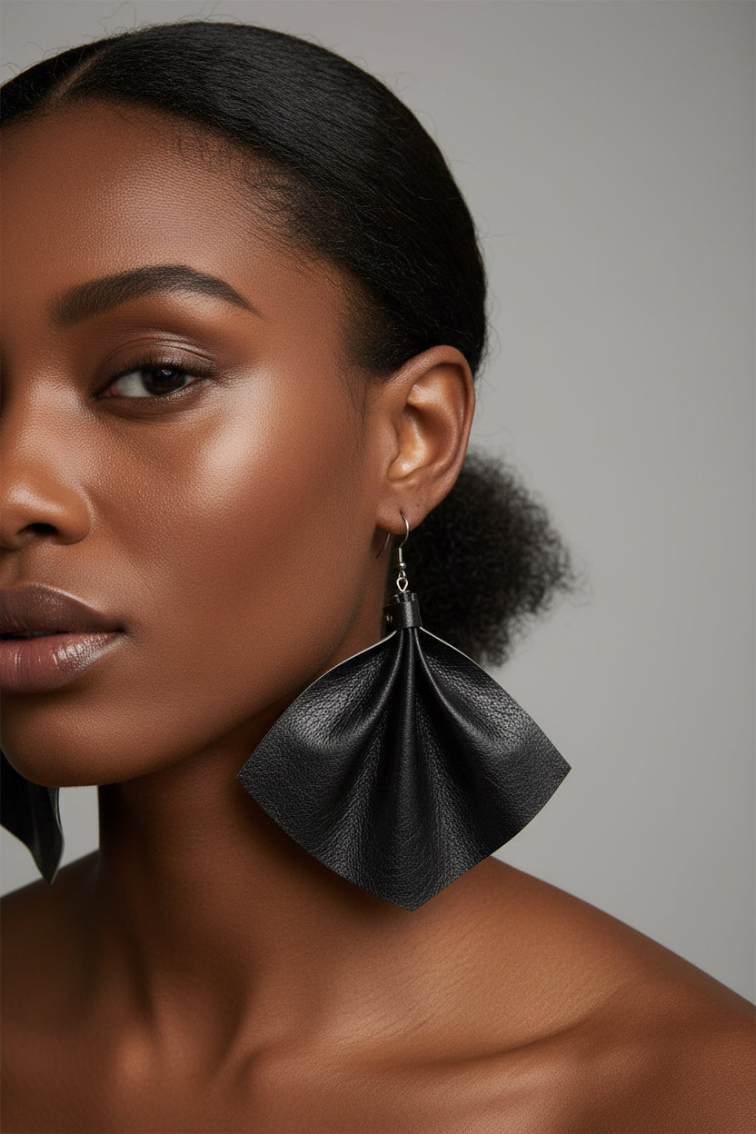 Large leather fan earrings