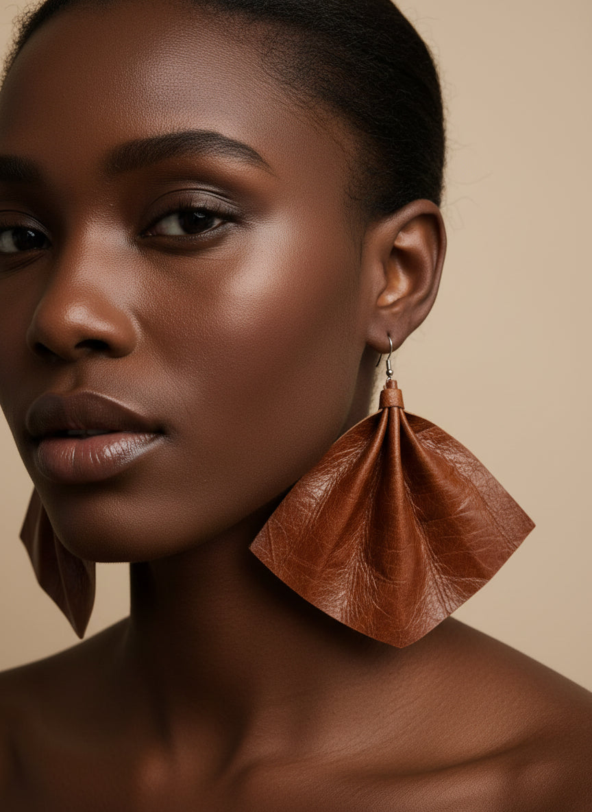 Large leather fan earrings