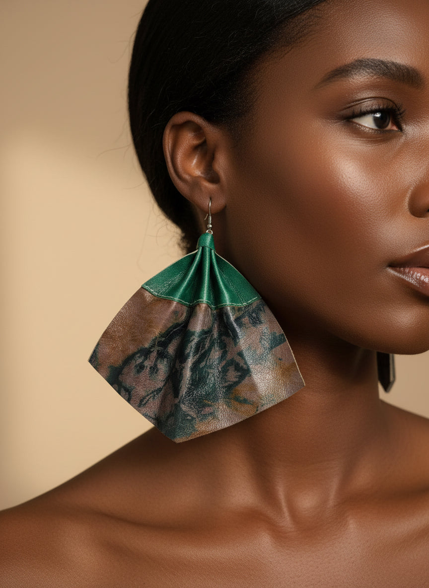 Large leather fan earrings