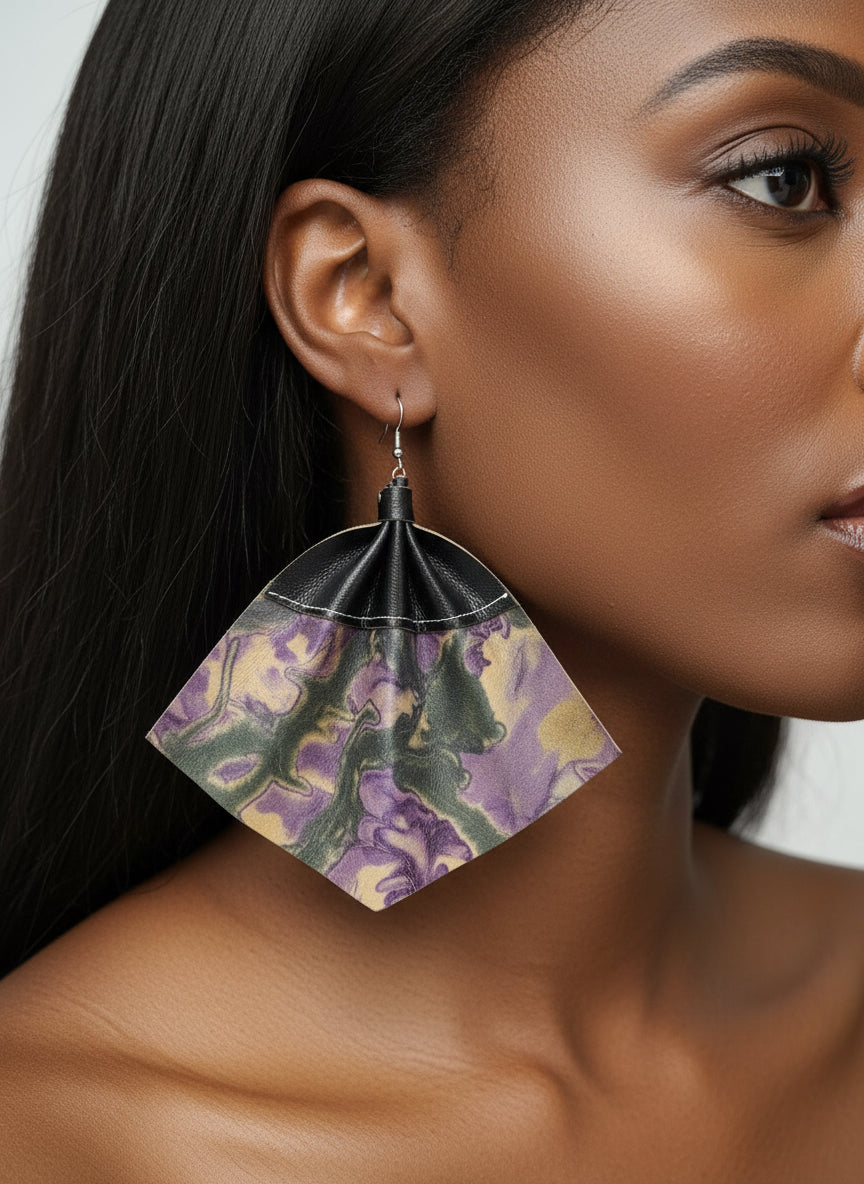 Large leather fan earrings