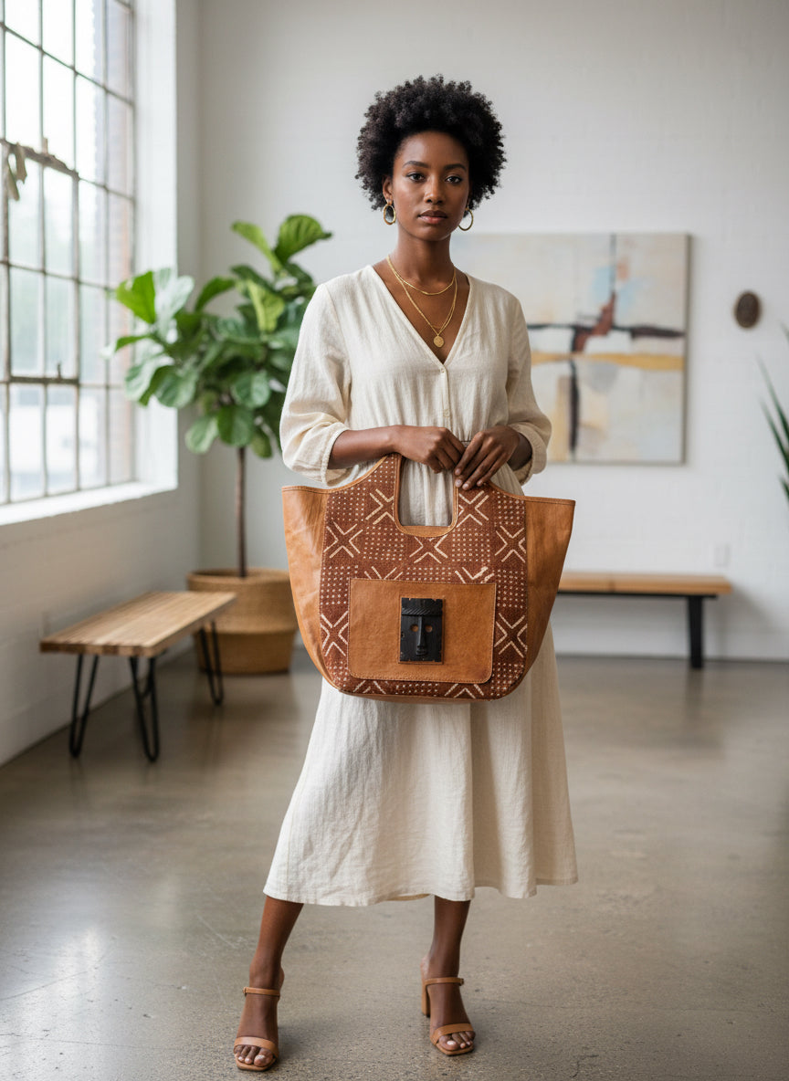 Mud cloth and leather tote