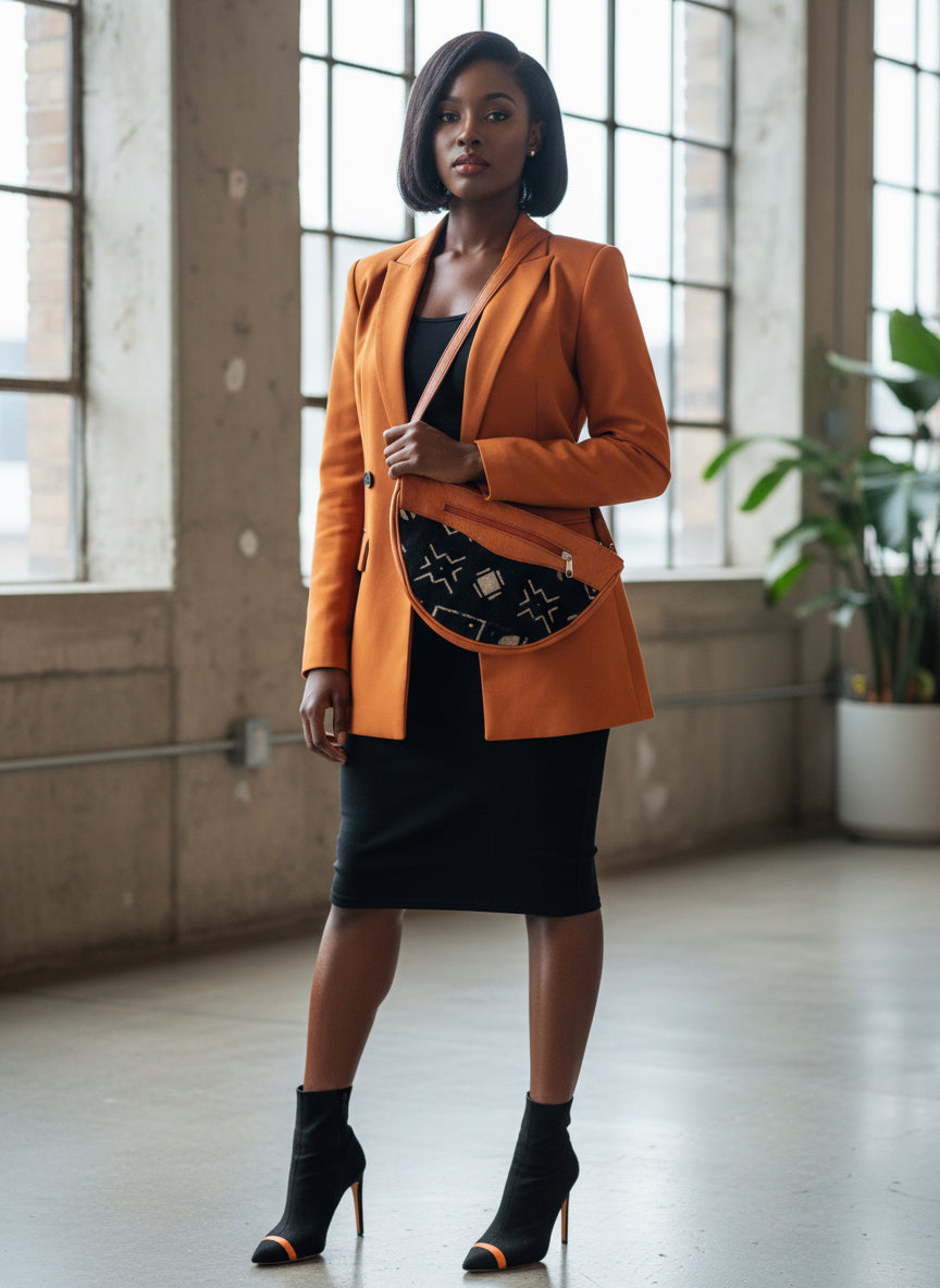 Mini mud cloth and leather handbag