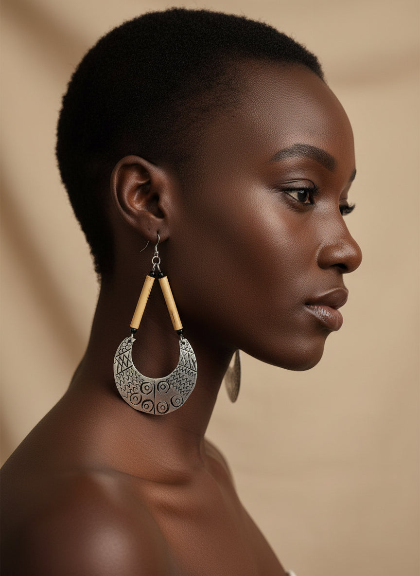 Recycled aluminum crescent & wood earrings