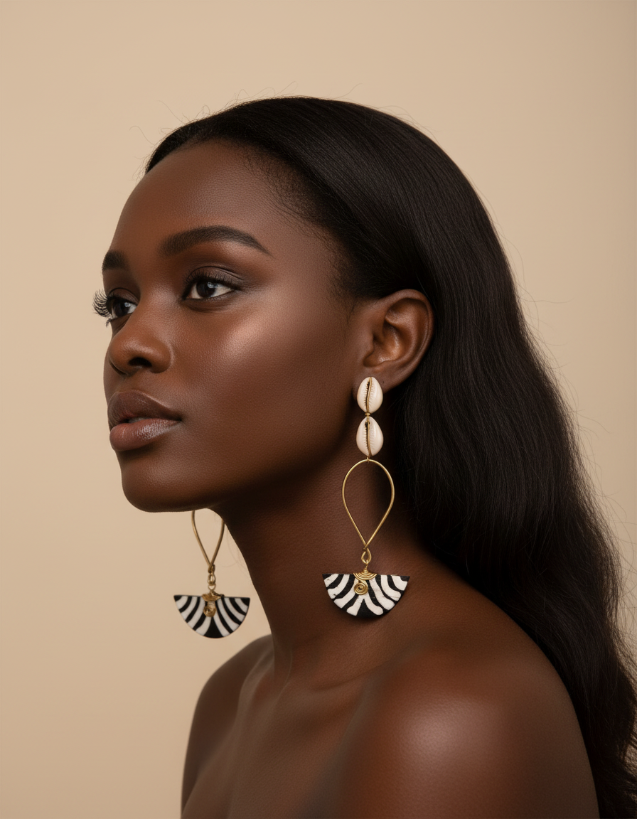 Striped half moon brass & cowrie earrings