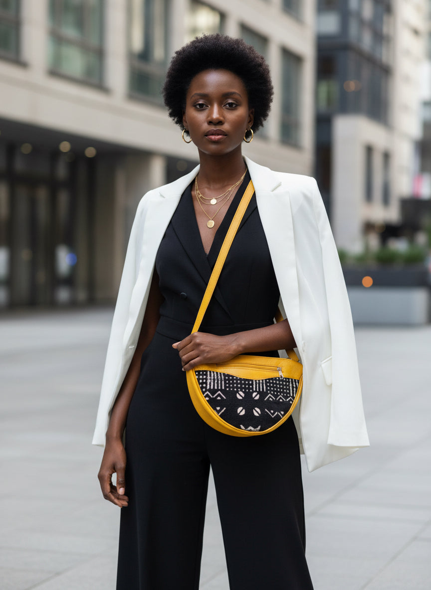 Mini mud cloth and leather handbag