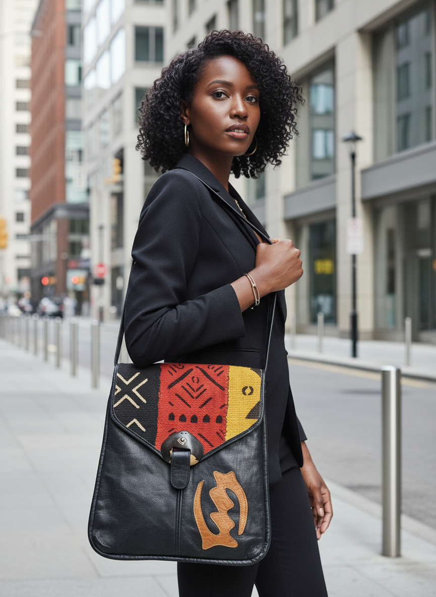 Malian medium-size mud cloth and leather cross body bags
